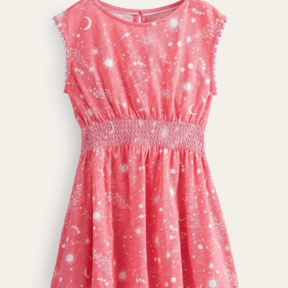 EUC Mini Boden Celestial Jersey Dress Peach Punch Pink Girls Size 9-10Y
